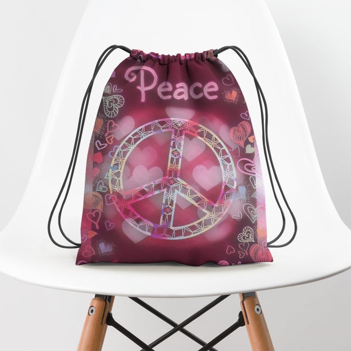 Peace Love Pink Heart Hippie Accessorie Drawstring Backpack