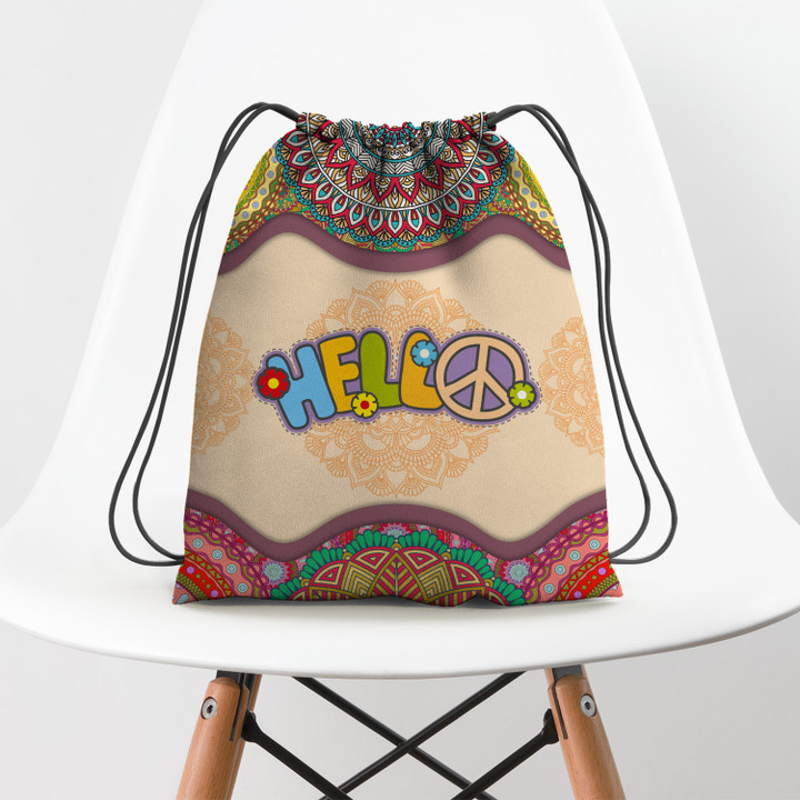 Hippie Hello Mandala Pattern Hippie Accessorie Drawstring Backpack