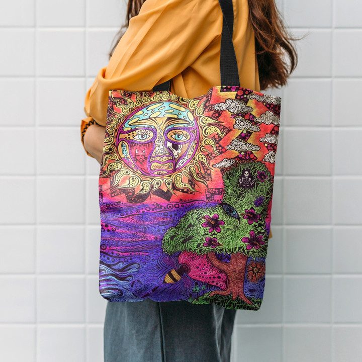 Trippy Hippie Sunflower Pattern Tree Hippie Accessories Tote Bag