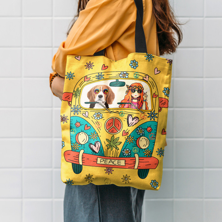 Hippie Girl Beagle Car Flower Hippie Accessories Tote Bag