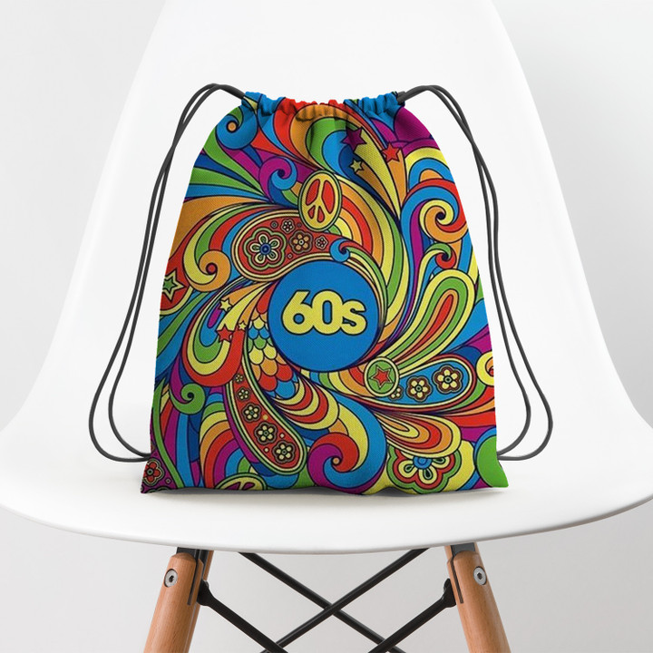 60s Trippy Pattern Flower Hippie Accessorie Drawstring Backpack