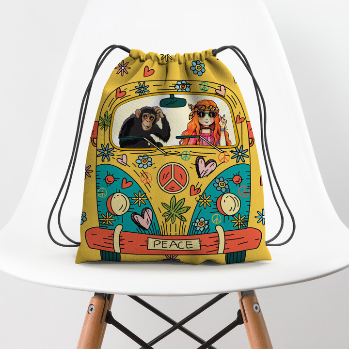 Hippie Girl Monkey Car Flower Hippie Accessorie Drawstring Backpack