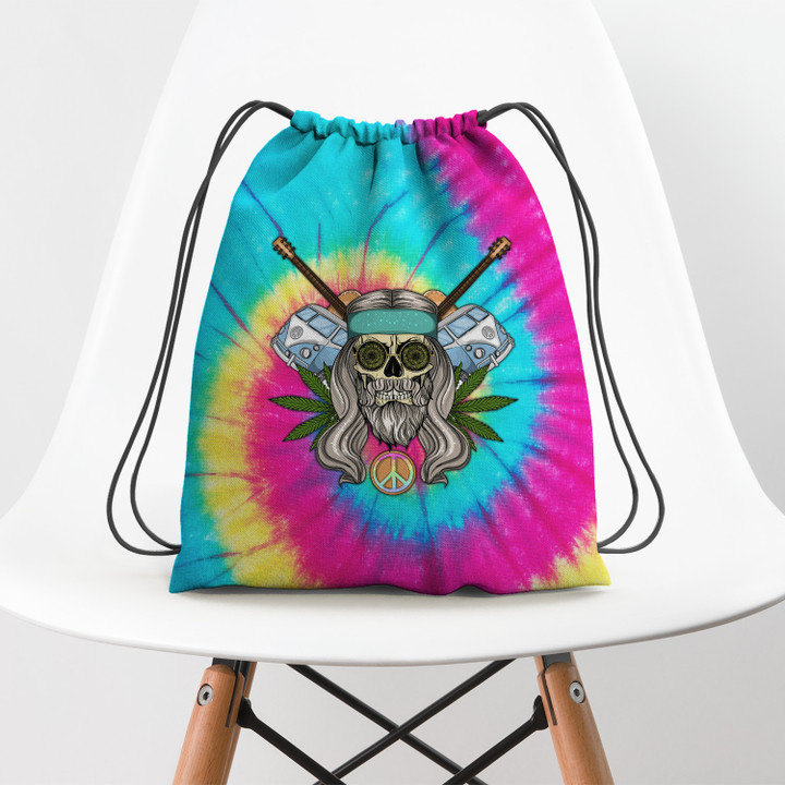 Hippie Skull Ty Dye Guitar Hippie Accessorie Drawstring Backpack