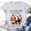 Cats lover flower animals a good day starts with coffee and cats  T shirt hoodie sweater  size S-5XL