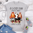 Cats lover and flower a good day starts with coffee and cats heart  T shirt hoodie sweater  size S-5XL