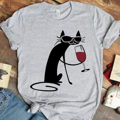 Black cat and wine unisex t shirt sport grey size XS-6XL high quality