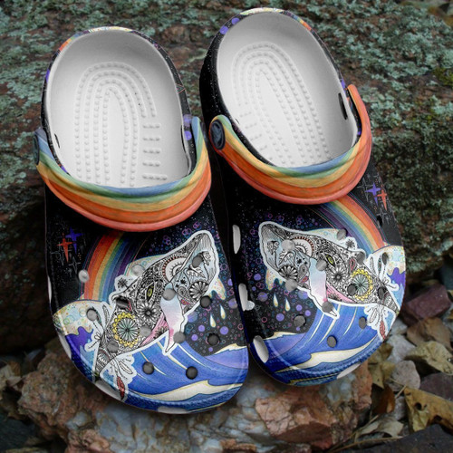 Whale flower art rainbow Gift For lover Rubber Crocs Crocband Clogs, Comfy Footwear men women size US