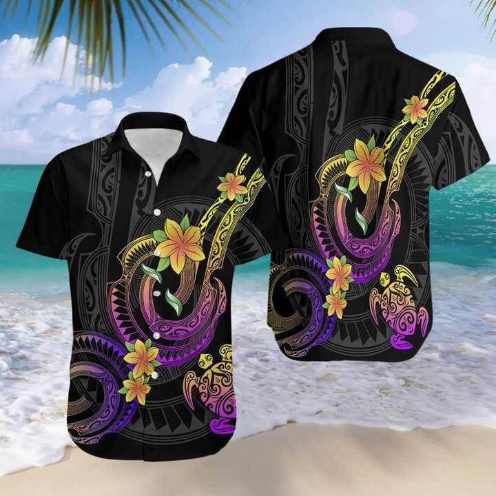 Turtle tattoos polynesian frangipani flower casual short sleeve button shirt hawaii unisex size S-5XL