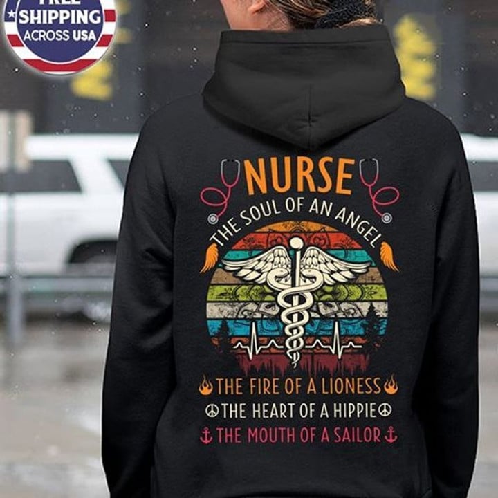 Nurse The Soul Of An Angel The Fire Of A Lioness The Heart Of A Hippie The Mouth Of A Sailor Medical Vintage Black Hoodie
