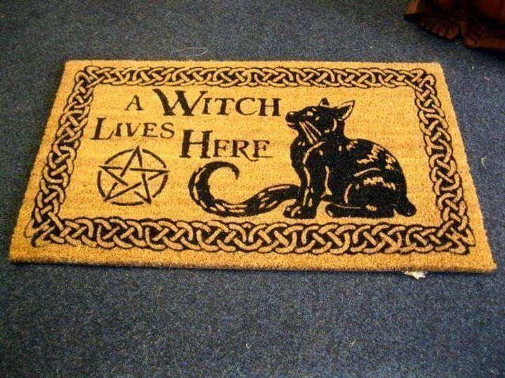 Black cat a witch halloween lives here easy clean welcome doormat full size