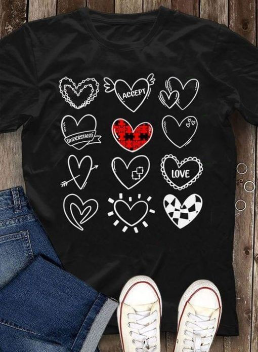 Accept Understand Love Hearts With Different Styles Autism Puzzles T Shirt Hoodie Sweater  size S-5XL