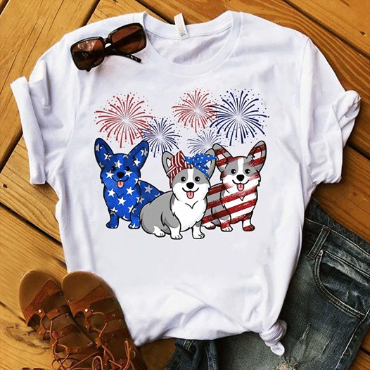 Firework corgi red white blue american flag 4th july day independence and dog corgis animals  T shirt hoodie sweater  size S-5XL