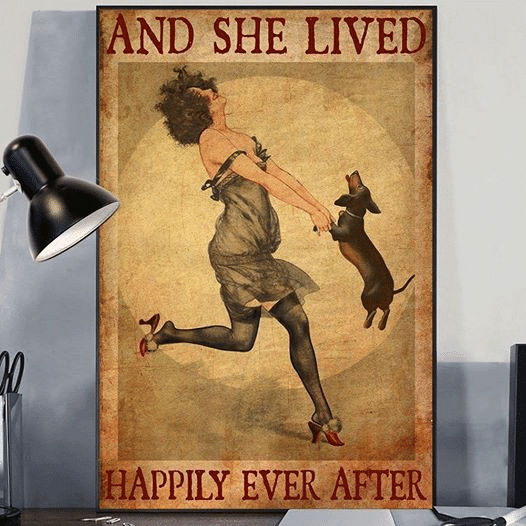 Lady With Dachshund And She Lived Happily Ever After Home Living Room Wall Decor Vertical Poster Canvas 