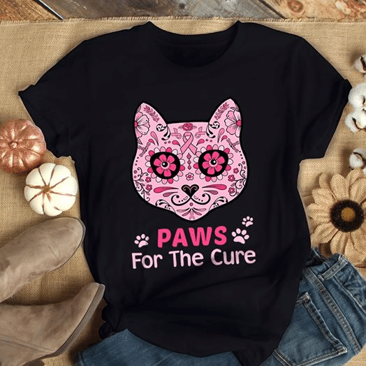 Cats lover breast cancer awareness heart paws for the cure flower animals T shirt hoodie sweater  size S-5XL