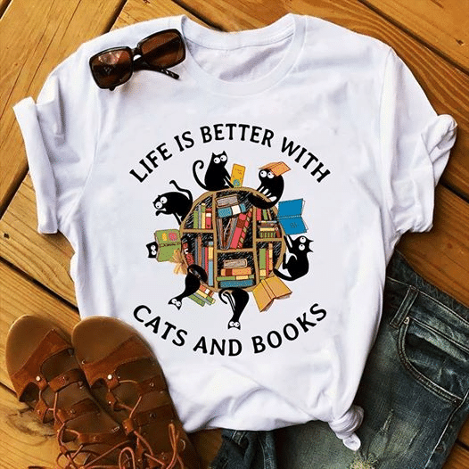 Black cats lover life is better with cats and books T shirt hoodie sweater  size S-5XL