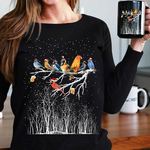 Birds and snow christmas T shirt hoodie sweater  size S-5XL