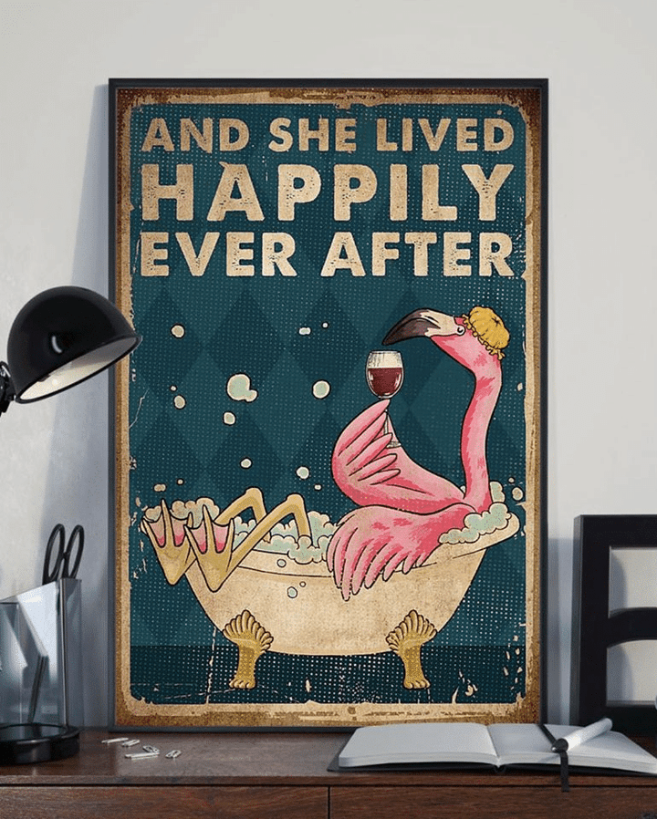 Flamingo Drink Wine In The Bath And She Lived Happily Ever After Home Living Room Wall Decor Vertical Poster Canvas 