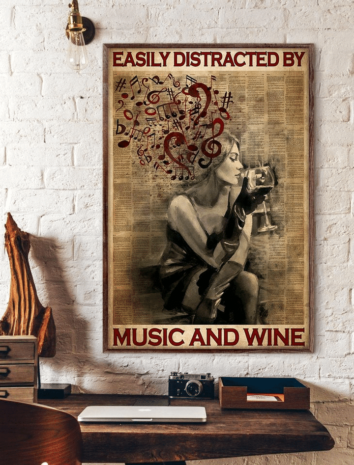 Girl Easily Distracted By Music And Wine For Men And Women Home Living Room Wall Decor Vertical Poster Canvas 