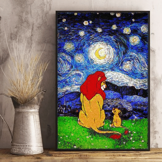 The Starry Night Lion Dad And Son For men And Women Home Living Room Wall Decor Vertical Poster Canvas 