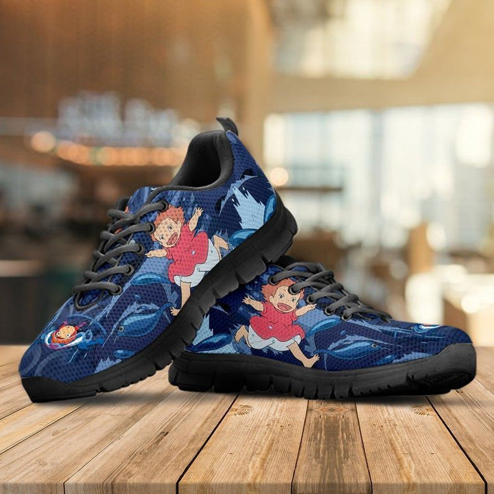 Ponyo Shoes, Studio Ghibli Custom Shoes, Anime Gift Shoes black Shoes birthday gift Fashion Fly Sneakers  men and women size  US