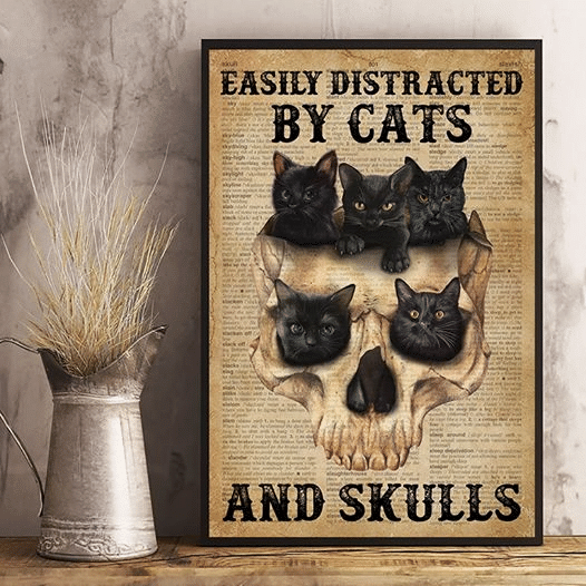 Skull Easily Distracted By Cats And Skulls For Men And Women Home Living Room Wall Decor Vertical Poster Canvas 