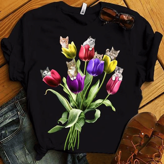 Cat and tulips T shirt hoodie sweater  size S-5XL