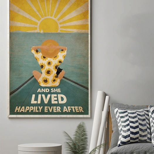 Girl With Black Cats In The Sea And She Lived Happily Ever After Home Living Room Wall Decor Vertical Poster Canvas 