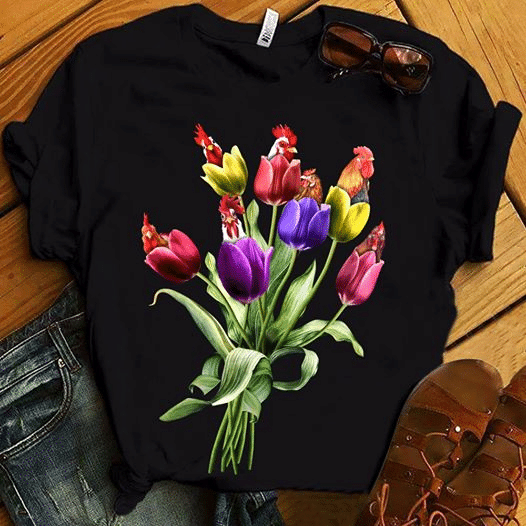 Chickens and tulips T shirt hoodie sweater  size S-5XL
