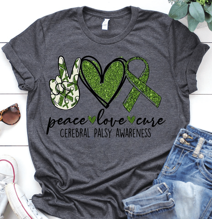 Peace Love Cure Cerebral Palsy Awareness Peace Sign Hand Heart And Green Ribbon T shirt hoodie sweater  size S-5XL