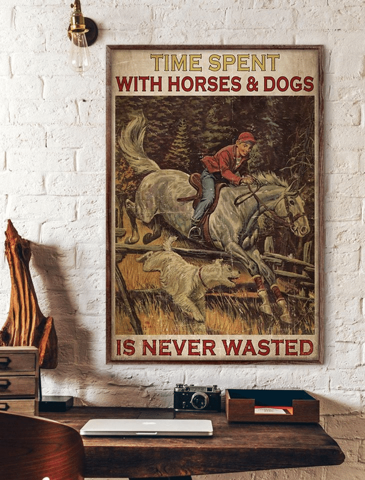 Young boy riding A Horse With Dog Time Spent With Hoes And Dogs Is Never Wasted Home Living Room Wall Decor Vertical Poster Canvas 