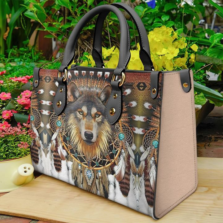 Native American Wolf Pattern Leather Bag Handbag DV