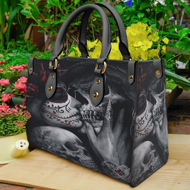 Dead Sugar Skull Girl Kissing Skull Leather Bag Handbag DV
