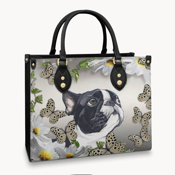 Boston Terrier Baby Boston Terrier With Butterfly Leather Bag Handbag DV