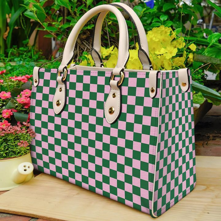 Cotton Candy Pink And Cadmium Green Checkerboard Creamy White Leather Bag Handbag DV