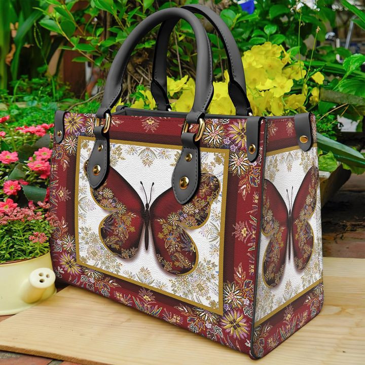 Butterfly Red Flowers Leather Bag Handbag DV