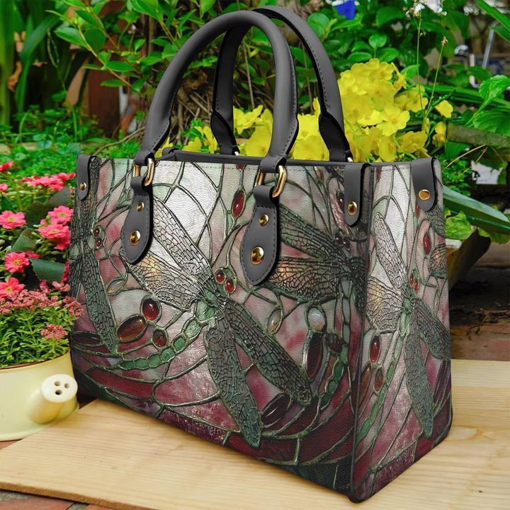 Dragonfly Stained Glass Art Leather Bag Handbag DV