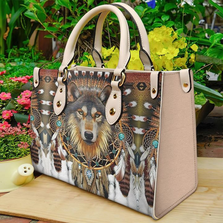 Native American Wolf Pattern Creamy White Leather Bag Handbag DV