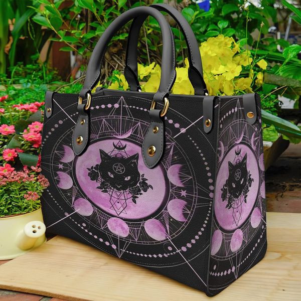 Wiccan Occult Black Cat Leather Bag Handbag TD6