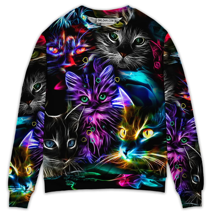 Cat Funny Neon Light Colorful Style - Sweater - Ugly Christmas Sweaters - Owl Ohh