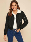Women Zip Up Contrast Shearling Lined Windbreaker Jacket