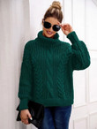 Women Turtleneck Cable Knit Drop Shoulder Sweater