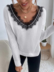 Women Eyelash Lace Trim Drop Shoulder Sweater