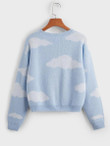 Women Clouds Pattern Panda Patch Drop Shoulder Sweater