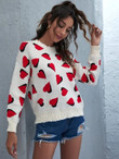 Women Heart Pattern Distressed Drop Shoulder Sweater