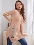 Women Slit Hem Ripped Detail Longline Sweater
