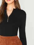Zipper Front Rib-Knit Fitted Knit Top
