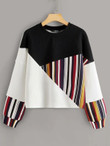 Women Drop Shoulder Striped Cut-and-sew Pullover