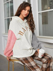 Women Letter Embroidery Colorblock Teddy Hoodie