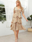 Women Ditsy Floral Ruched Tie Front Layered Dress