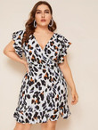 Plus Leopard Print Surplice Front Ruffle Hem Dress